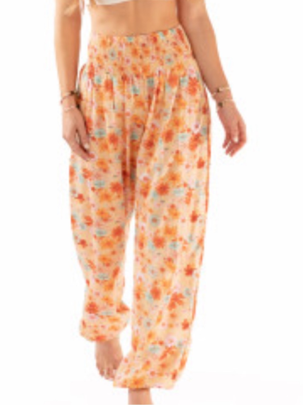 Lotus and Luna San Clemente Floral Smocked Waist Harem Joggers Pants M